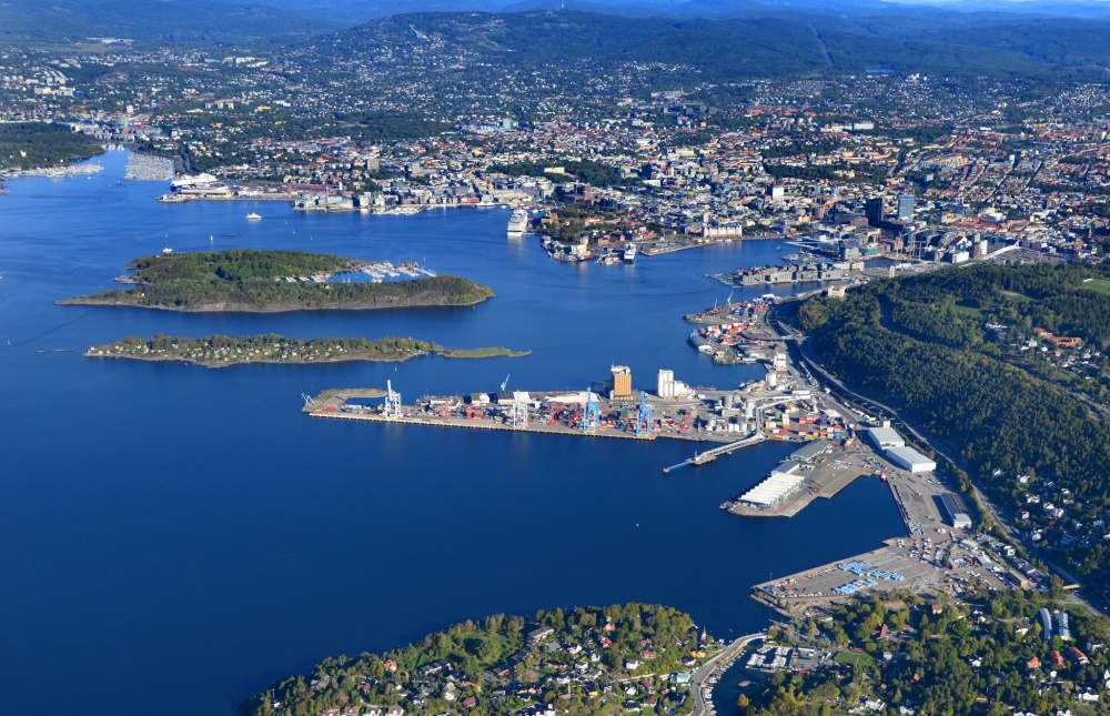 Dronebilde av Oslo havn sett fra syd. Foto: Harald Valderhaug/Oslo Havn