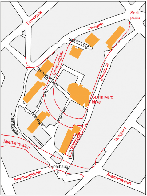 Kartskikke som viser det sanerte området med de tidligere gatene sammenholdt med dagens situasjon. Tidligere navn står med svar, nåværende med rødt.